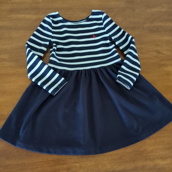 Polo Ralph Lauren Girls Striped Stretch Ponte Dress Navy Blue/White Size 5 EUC